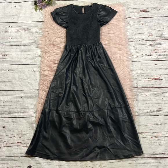 NWT Zara Black Faux Leather Smocked Midi Dress - Picture 2 of 10